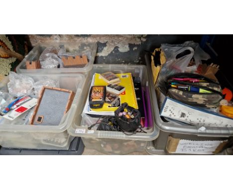 4 boxes of model castle parts, craft items, Dungeons and Dragons dice etc. 