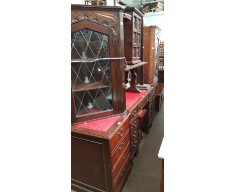 Various items of furniture including mahogany desk with matching filling drawers, two oak cabinets, oak coffee table, standar