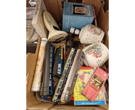 A box of mixed collectables including Beatrix Potter, model railway items, die cast vehicles, etc. 
