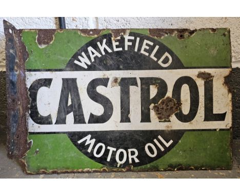 A Castrol Wakefield Motor Oil vitreous enamel double side wall mounted advertising sign, 50 x 34cm 