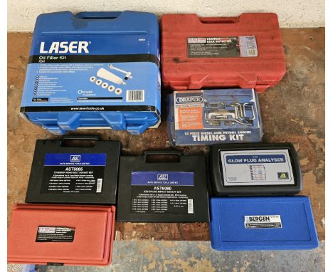 Eight various tool kits, including oil filter kit and a Bergen terminal release set, mainly unused 