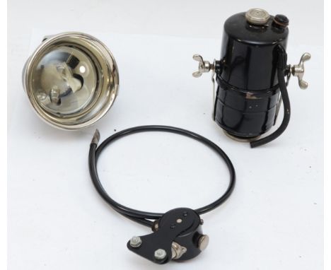 A Lucas acetylene lamp, No 354, three inch lens with holder and rear lamp. 