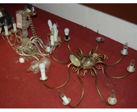 A Dutch style lacquered brass eight light ceiling pendant and a Venetian glass ceiling pendant with faceted drops (2)
