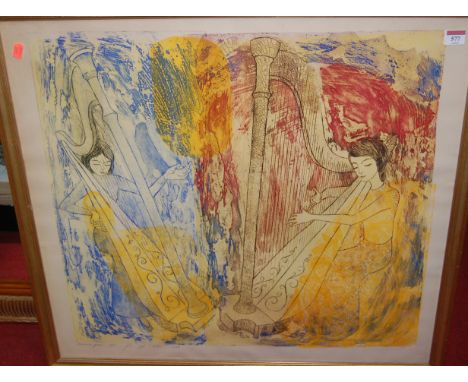 Hannah Yakin (Israeli b.1933) - The harpsichord players, lithograph, signed and numbered in pencil to the margin; and a bambo