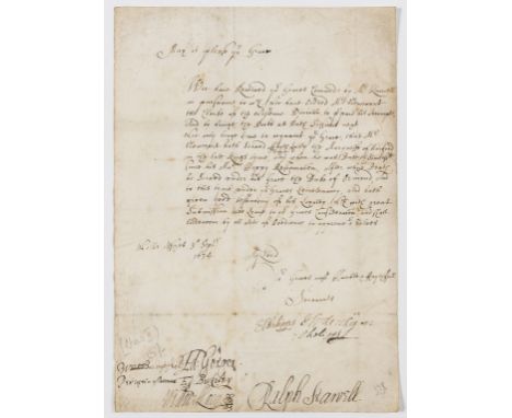 Charles II.- Acknowledgement of an order "Wee have Received yr Graces Comande by Mr Knowell... wee have Ordred Mr Newcourt th