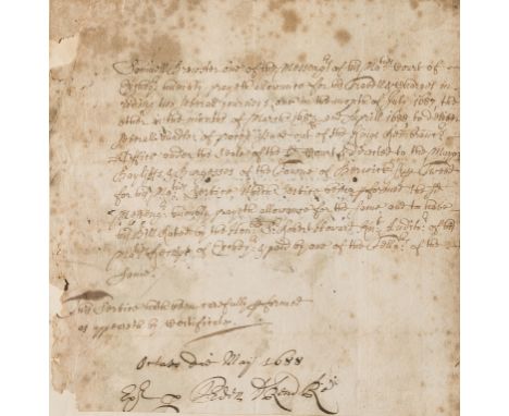 Court of Exchequer.- Bill of Samuel Brewster messenger for the Court of Exchequer for three journeys in 1687 and 1688, D.s. "