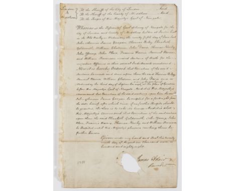 Newgate Gaol.- Adair (James, judge and serjeant-at-law, recorder of London, ?1743-98) Order that sentence of death on James C