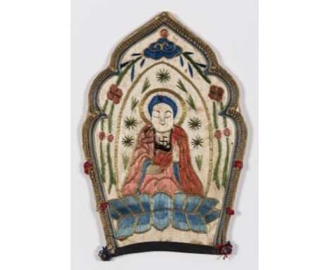 Buddhism.- A panel from a Sinicized Tibetan Buddhist ritual crown, embroidered in silk, gold and other metallic threads on an