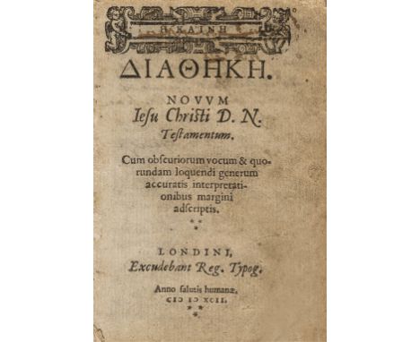 Bible, Greek.- He Kaine Diatheke. Nouum Iesu Christi D.N. testamentum, first line of title within woodcut cartouche, woodcut 