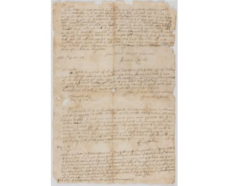 NO RESERVE Luttrell (Francis, of Dunster Castle, Somerset, lawyer and politician, 1628-66) Copy letters, 1p., folio, manuscri