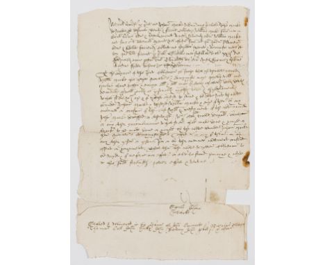 NO RESERVE Cornwall.- Obligation bond from Joan Marke widow of John Marke to her son William Marke, manuscript in Latin and E