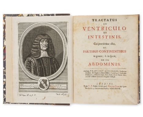 Glisson (Francis) Tractatus de ventriculo et intestinis, first edition, title in red and black, engraved frontispiece portrai