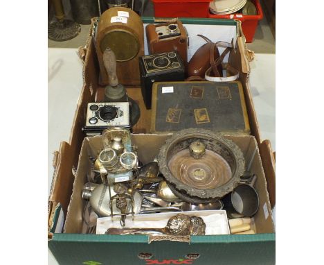 A mahogany mantel clock of arched shape, a tin-lined Japanese lacquered tea caddy, plated cutlery, cameras and other items.