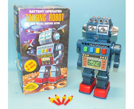 A battery-operated Talking Robot, boxed, "Made in Hong Kong by HC", 29cm tall.