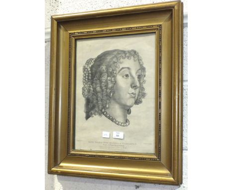 An engraving portrait after Van Dyck, 'Anne Sophia Marchioness of Carnarvon', in gilt frame, 40 x 30cm, a coloured engraving 