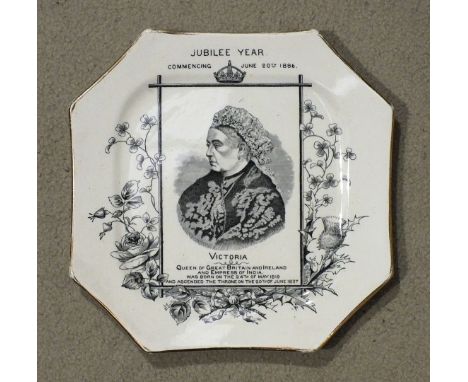 An octagonal ceramic commemorative plate for Queen Victoria's Jubilee year, 24cm and a similar plate for William Ewart Gladst