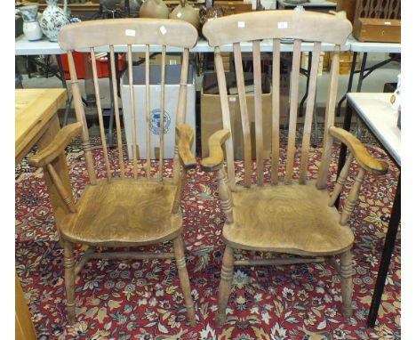An elm and beech lathe-back farmhouse-style kitchen chair and a similar stick-back chair, (2).