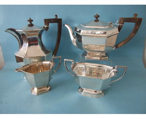 A plain octagonal four-piece tea service, each piece on raised octagonal foot, maker R W Burbidge (Harrods Ltd), London 1933,