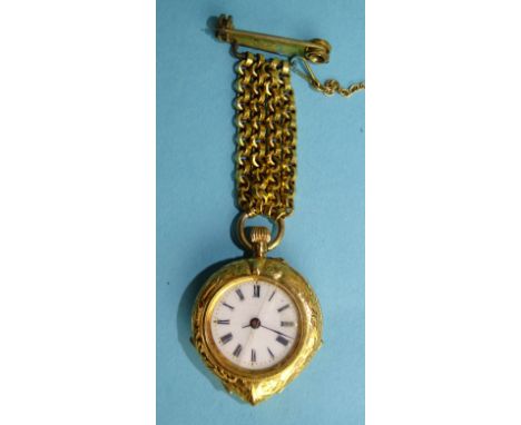 A lady's keyless pocket watch, the white enamel dial with Roman numerals, in 14k gold heart-shaped case engraved with scrolls