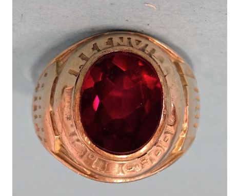 A 9ct gold American High School graduation ring set synthetic ruby, size S, 9g. 