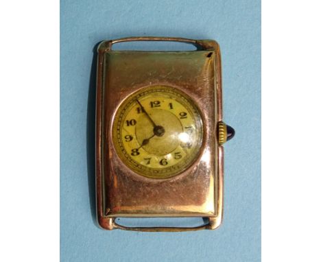 A 1920's 9ct gold rectangular-cased wrist watch, the circular dial with mother-of-pearl chapter ring (a/f), over Swiss moveme