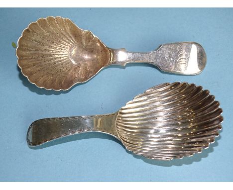 A Hester Bateman caddy spoon with shell bowl and bright-cut handle, London 1789, together with a Victorian caddy spoon with s