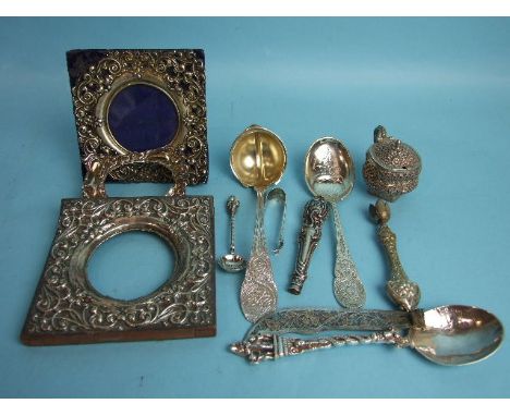 A silver photograph frame, 10.5cm square, Birmingham 1904, (no back, a/f), another (a/f), a Continental .925 silver ladle, ma
