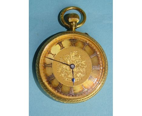 S Child, an 18ct-gold-cased open-face keyless pocket watch, the gilt face engraved with a basket of flowers, the chapter ring