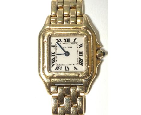 Cartier, a lady's 18ct yellow gold Cartier Panthère wrist watch, the square cream enamel dial with Roman numerals, the case n