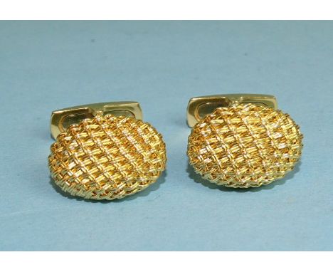 A pair of 18ct yellow gold cufflinks of oval woven design, 12.1g. 