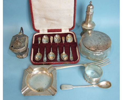 An octagonal-shaped mustard pot and matching pepperette, Birmingham 1931, an ashtray, a napkin ring, a modern cased set of si