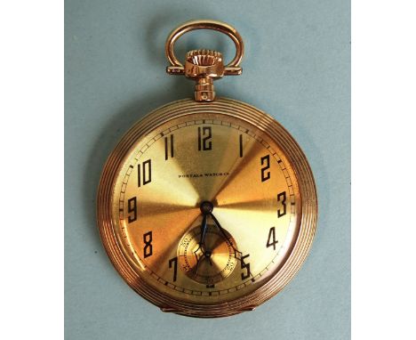 Postala Watch Co, a 14ct-gold-cased open-face keyless pocket watch, the gilt dial with seconds subsidiary and Arabic numerals