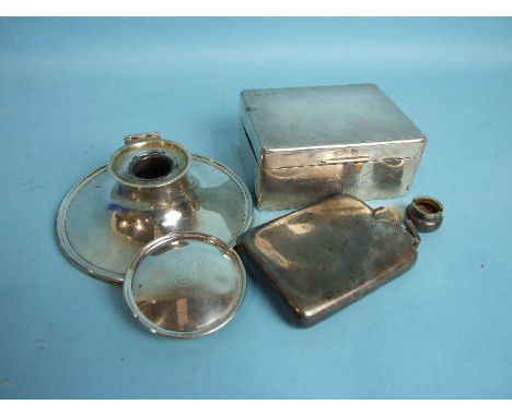 A small whisky flask, 11 x 7cm, Birmingham 1915, ___3oz, a capstan inkwell with loaded base, (lid broken) and a rectangular c