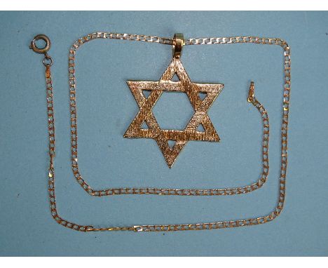 A yellow metal six-point star pendant, 5 x 3.5cm, 6.4g, (mark rubbed), on 9ct gold neck chain, (base metal ring bolt). 