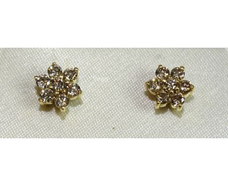 A pair of 18ct yellow gold daisy-cluster ear studs of fancy light-brown brilliant-cut diamonds, approximate total diamond wei