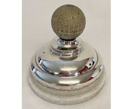 A vintage silver inkwell with golf ball finial and filled base. Lid hinge needs attention. Hallmarked Birmingham, 1928. On a 