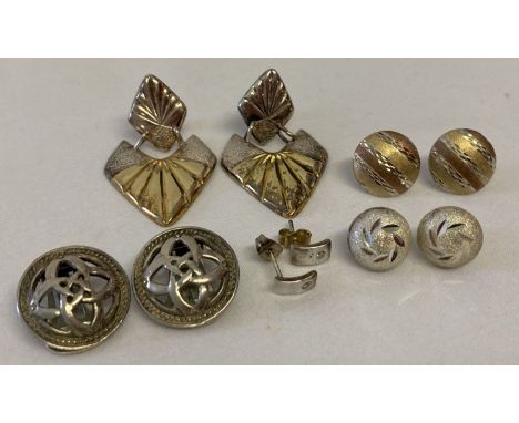5 pairs of silver and white metal stud, drop and clip on earrings. To include vintage tri coloured silver button style studs.