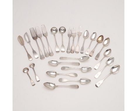 including a set of 6 George IV Irish Fiddle &amp; Rattail teaspoons, by Patrick Moore, Dublin 1828, a set of 5 George III Iri