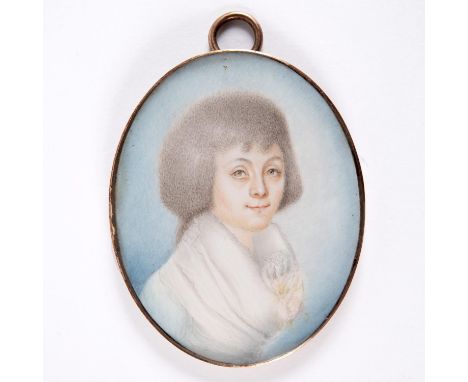 Portrait of a lady wearing white dress with floral corsage, head and shoulders; on ivory 4.75 x 3.75 cm Ivory Submission refe