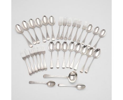 comprising of 6 tablespoons, 3 table forks, 11 dessert spoons, 6 dessert forks, a sauce ladle &amp; 2 teaspoons, by Chawner &