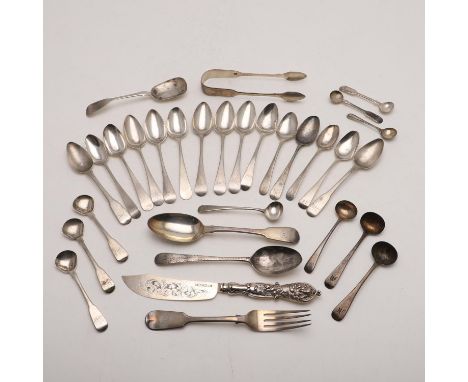 to include: 13 Old English Pattern teaspoons, a pair of sugar tongs, a sugar scoop, 2 teaspoons &amp; a dessert fork &amp; sp