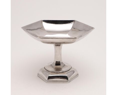 hexagonal form with a stepped border and raised on a pedestal, by Walker &amp; Hall, Sheffield 1912; 6.25" (16cm) high; 16.1o