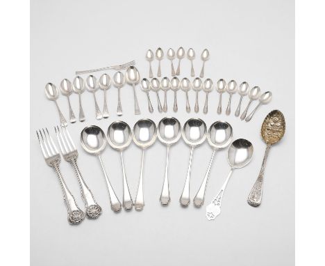 a set of 6 soup spoons, by Frank Cobb &amp; Co Ltd, Sheffield 1933/37, a pierced presentation spoon, inscribed "PRESCOT AGRIC