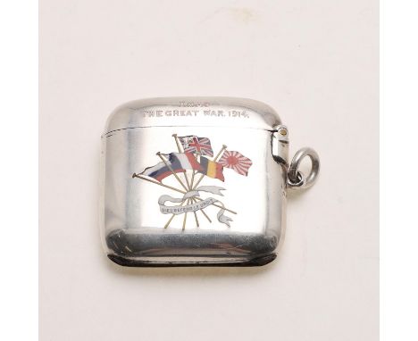 decorated in enamel on the front of the cover with "XMAS THE GREAT WAR 1914" above the Allied Flags on the body, with a suspe