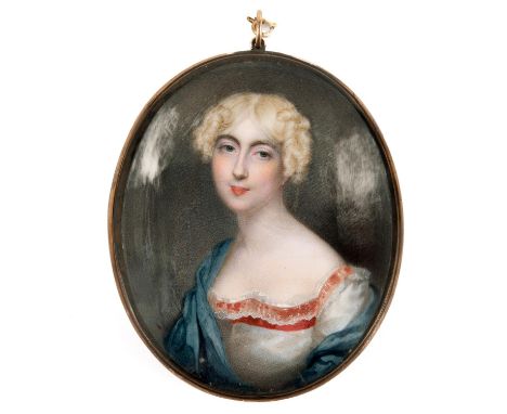 Miniature portrait of Lady Chichester with blonde hair and wearing white dress edged with red, with blue wrap, on ivory; 8.75