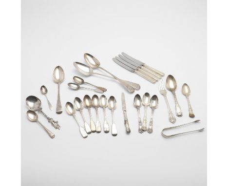 including a set of 6 Victorian Fiddle teaspoons, by Robert Wallis, London 1844, a pair of George III Old English serving spoo