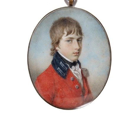 Miniature portrait of Sir Edward Chichester as a young man in uniform, head and shoulders , on ivory; 8 x 6.5 cm. Gold frame 