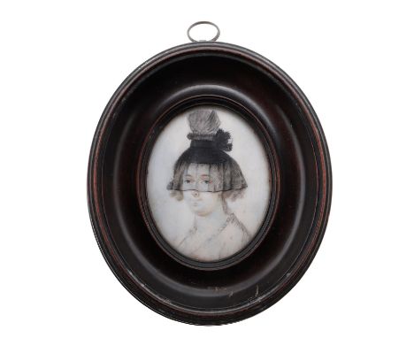 Portrait miniature of a Lady wearing a black headdress with a half veil over her face, watercolour on ivory in turned wood fr