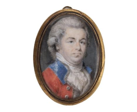 Miniature portrait of an officer wearing uniform, his red jacket with blue facings, on ivory; 3.75 x 2.5 cm, gilt frame forme