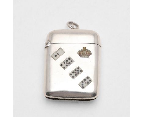 rectangular with rounded corners, the front decorated with enamel dominoes depicting the year 1897 and The Royal Crown, comme